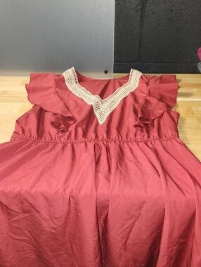 SHEIN Curve Brick Red Dress with Cream Crochet Trim